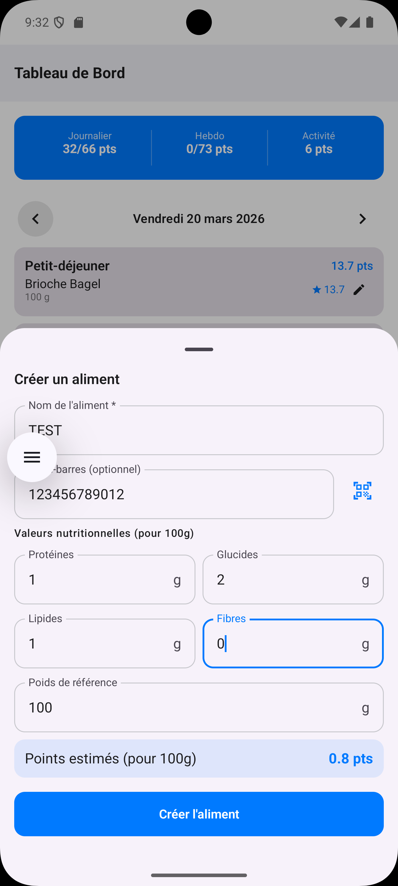Créer un aliment sur Android