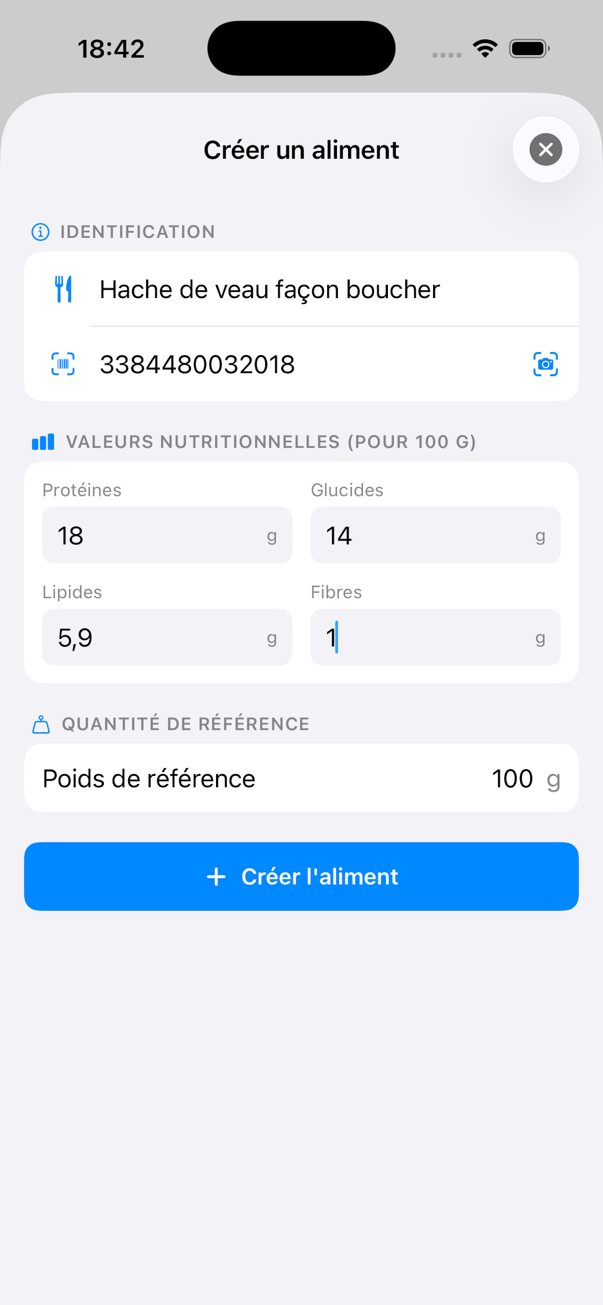 Créer un aliment sur iPhone