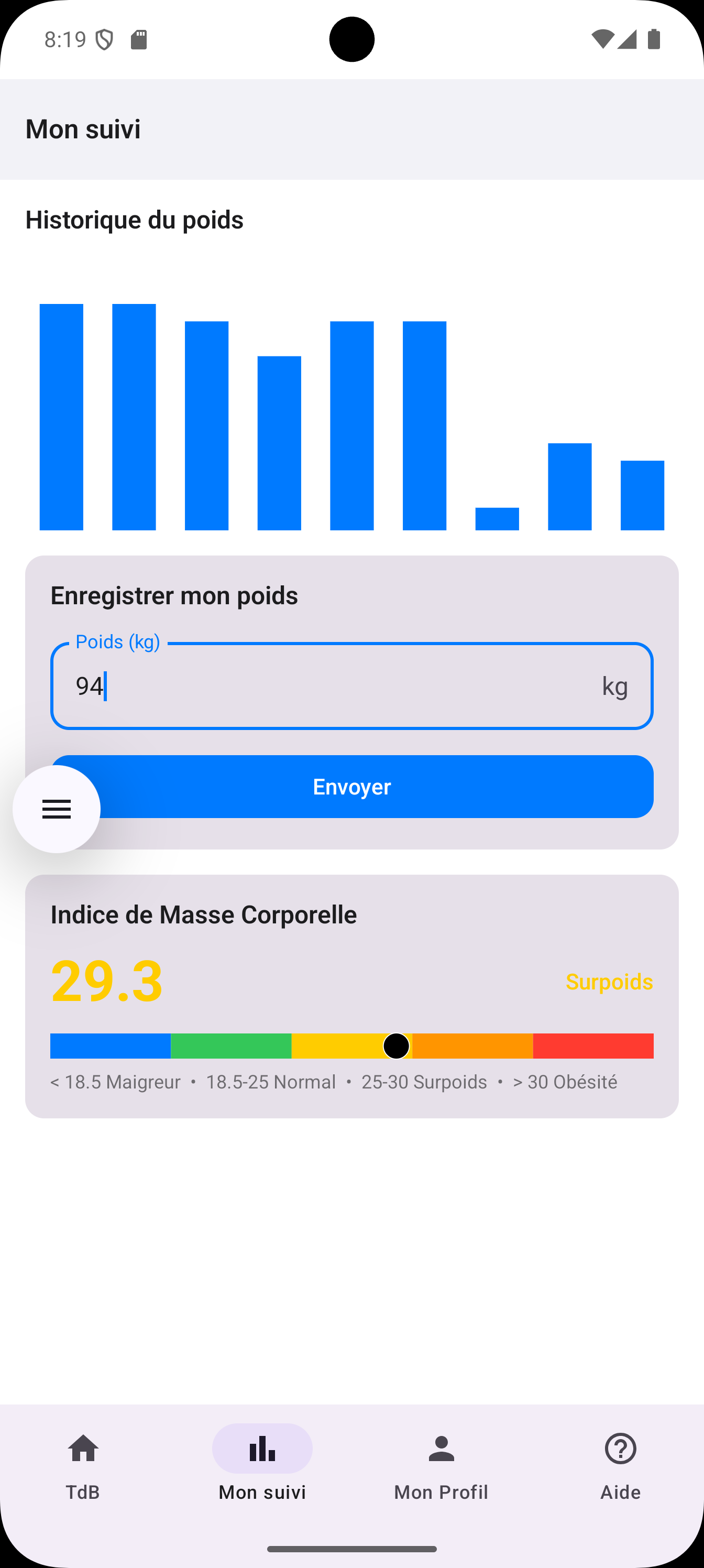 Mon suivi (poids et IMC) sur Android
